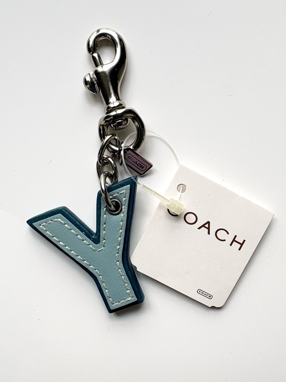 RARE NWT COACH Letter Initial Y Turquoise Silver Leather Bag Charm Keychain Fob